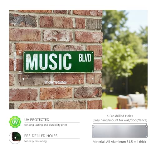 MUSIC BLVD Street Sign, Metal Decor for Music Room & Studio, 4x15 Inch Rustproof Aluminum Wall Art for Teen Bedroom - Gifts for Musicians & Lovers - color: Music