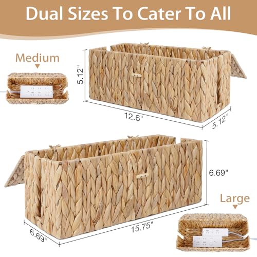 Cable Management Box with Lids-Handwoven Rattan Cord Organizer with Open Slots,Desk Organizer Box to Hide Power Strips&Cords,Office Desk Accessories Storage Basket,2 Pack