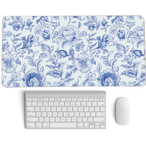Blue Chinoiserie Mouse Pad,Blue and White Floral Desk Mat, Large Floral Preppy Trendy Mouse Pad,Girly Gaming Mousepad,Girly Laptop Desk Mat for Dorm Home Office Decor,23.6x11.8 Inch - color: L Blue Chinoiserie