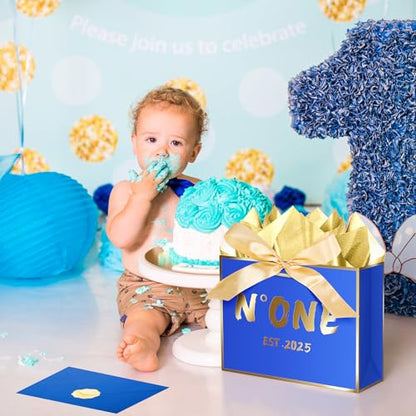 JWSCYSY 1th Blue Birthday Gift Bag with Card, Tissue Paper and Ribbon for Baby Boys First Birthday Party Favor, Presents Wrapping (12.6" EST 2025) - color: 1TH