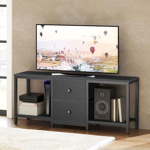 YATINEY TV Stand for TVs up to 55", Entertainment Center with 2 Fabric Drawer, Media Console with Shelves, Television Stands for Living Room, Bedroom, Black DS02BB - color: Black