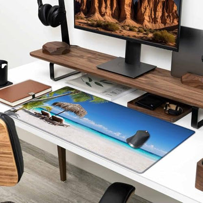 Gaming Mouse Pad, XXL Extended Computer Keyboard Long Mouse Mat, Large Desk Pad for Office Laptop, Non-Slip Rubber Base with Stitched Edge Mousepad, 31.5X15.7 inch Tropical Palm Sea and Beach - color: Tropical Palm Sea and Beach, size: 31.5L x 15.7W inche