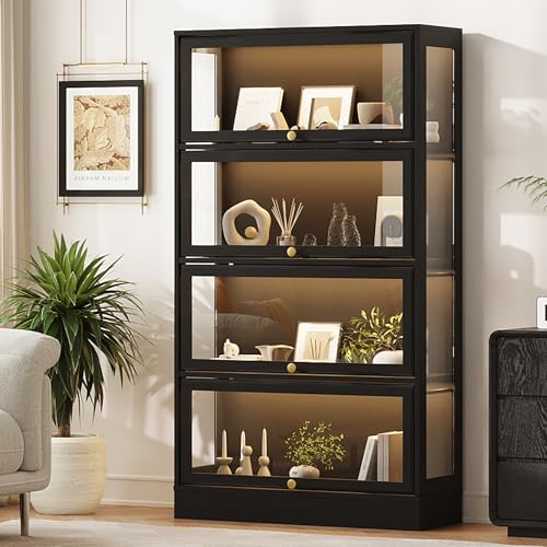 Display Cabinet with Acrylic Glass Doors,4-Tiers Curio Cabinet with LED Lighting for Collectibles, Collectibles Toy Organizers Rack & Display Shelf Display Case Storage Cabinet, Black - color: Black, size: 31" W x 55" H