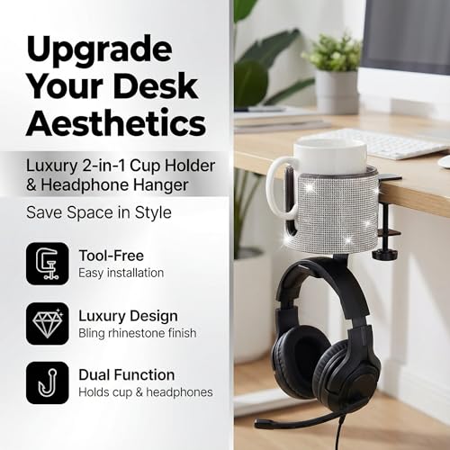 Luxury 2-in-1 Desk Cup Holder with Headphone Hanger for Office, Home, Gaming(Bling Bling) - color: BLING BLING
