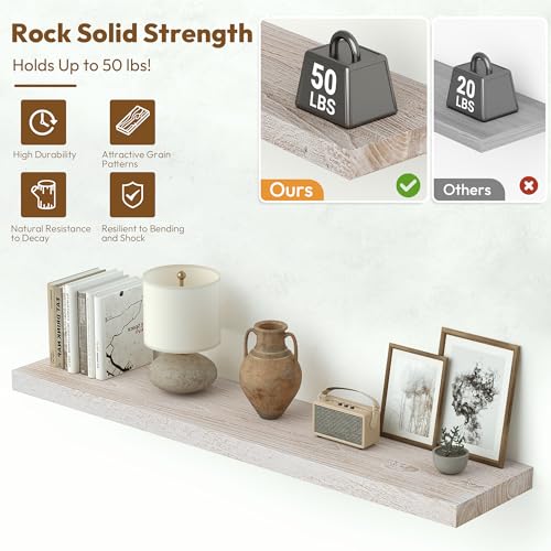 Flat Edge Elm Wood Floating Shelf with Invisible Bracket 36”Weathered White - color: Weathered White, size: 36”,set of 2