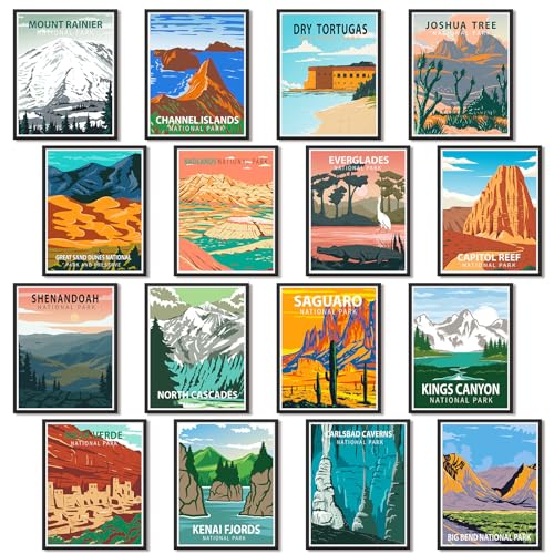 Gersoniel 16 Pieces Vintage National Park Art Posters Prints Nature Art and Mountain Wall Print Set Abstract Travel Scenery Wall Decor for Living Room Bedroom Bathroom Decor(Classic Style) - color: Classic Style