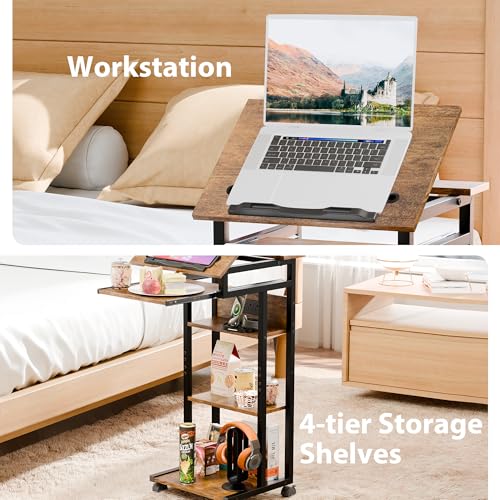 ZIFTY Couch Table with Charging Station and Storage Shelves 360°Swivel End Table with Shelves and Wheels C Shaped End Table for Laptops Tv Tray Side Table for Living Room Bedroom Rustic