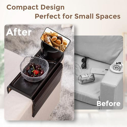 Couch Cup Holder for Armrests Over 4.9" Wide, Bamboo Couch Arm Tray with 360° Rotating Phone Stand, 3 in 1 Foldable Sofa Arm Tray Table for Remote, Snacks, Phone, Drinks Walnut - color: Walnut+bamboo