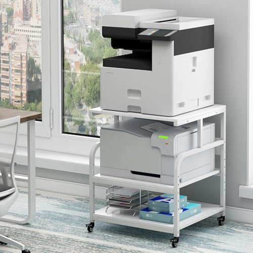 Fannova Printer Stand, 25.6" x 23.6" x 30.9" Extra Large Printer Table with Adjustable Storage Shelf, 3 Tier Rolling Printer Cart with Industrial Wheels for Home Office, White - color: White, size: 25.6"W x 23.6"D x 30.9"H