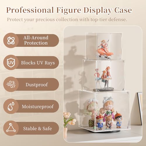 Rotating Acrylic Display Case for Figures - 3 Tier Stackable Storage Bins with Magnetic Door,Acrylic Boxes for Display, Clear Storage Box for Collectibles Cosmetic Perfume Organizer，Home Or Office