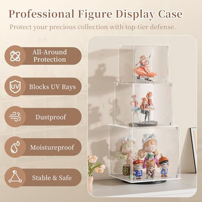 Rotating Acrylic Display Case for Figures - 3 Tier Stackable Storage Bins with Magnetic Door,Acrylic Boxes for Display, Clear Storage Box for Collectibles Cosmetic Perfume Organizer，Home Or Office