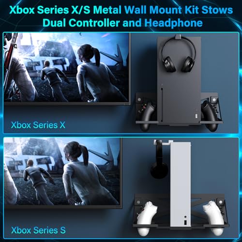 Wall Mount for XB Series X/S with 2 Headset Stand, Luckit Metal Wall Mount Kit Compatible with XB Series X/S Console and Dual Controller Accessories, Efficient Ventilation Design Wall Shelf - size: Wall Mount