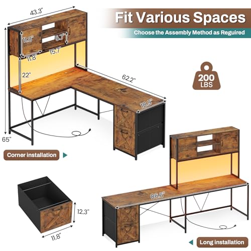 SEDETA L Shaped Desk with Drawers, 62.2" Home Office Desk with Fabric File Drawers and Power Outlet, L Shaped Desk with Hutch, Storage Shelves, LED Lights, Rustic Brown - color: Rustic Brown