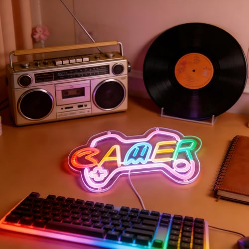 Gamer Neon Sign for girl room decor, 15 * 9 inch Pink Gaming led lights with USB Power and Dimmer Switch for game room decor,adult and Kids - style: pink-gamer
