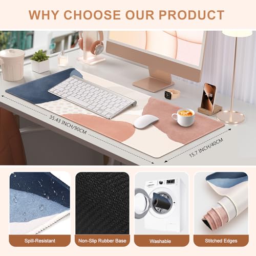 HAOCOO Desk Mat, Computer Desk Pad, Large Mouse Pad for Desk, 35.4" x 15.7" Gaming Mousepad for Desktop with Non-Slip Base, Waterproof Laptop Keyboard Mat for Home Office, Light Pink Boho - color: Boho Pink Navy