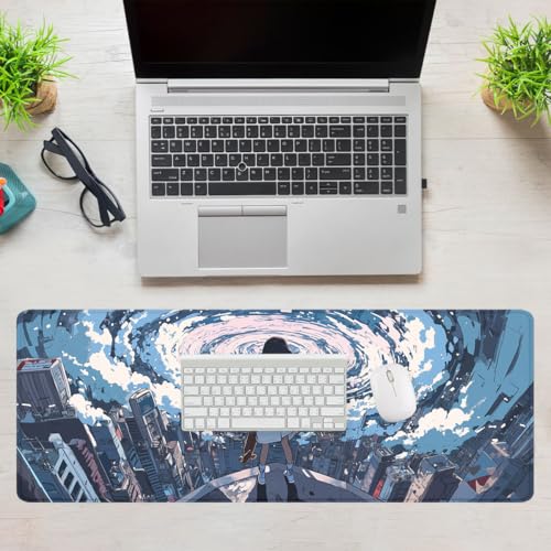 Japanese Anime Gaming Mouse Pad Cartoon Girl Cityscape Vortex Extended Mousepad Waterproof Stitched Edges Rubber Base Non-Slip Deskpad Computer Keyboard Mat 31.5x11.8 in - color: Japanese Anime, size: 31.5L x 11.8W inches