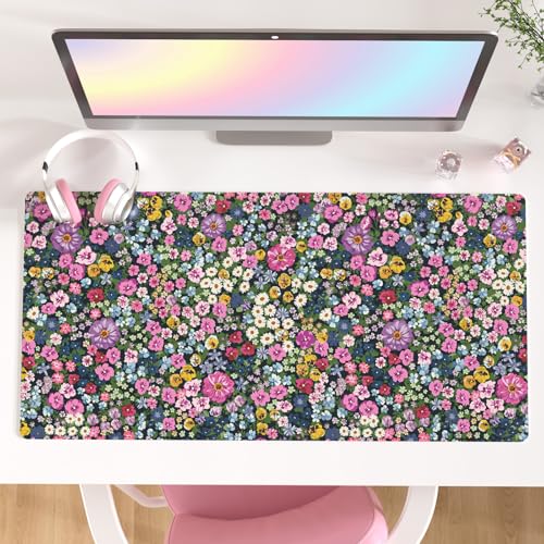 Colorful Star Large Mouse Pad, Floral Desk Mat Office Supplies, Waterproof Faux Leather Big Gaming Mousepad for Women Girls, Blooming Flowers Desk Pad Home Office Décor Accessories 31.5" x 15.7" - color: Blooming Flowers, size: 31.5L x 15.7W inches