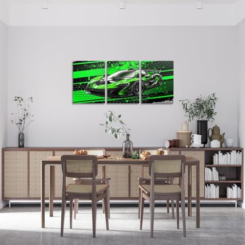 Feelyou Kids Boys Race Car Bedroom Framed Wall Art Green Extreme Sports Racing Car Pictures Decorations for Bedroom Cool Speed Sports Car Living Room Wall Art Dining Room Decor,Set of 3 12x16 Inch - color: Black and Green