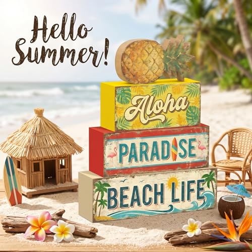 4 Pcs Tropical Pineapple Party Decorations Summer Hawaiian Luau Table Wooden Signs Summer Beach Tiered Tray Decor Fruit Home Bar Shelf Sitter Aloha Paradise Tiki Table Top Gifts - style: Tropical Pineapple