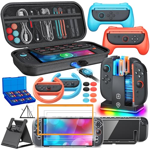 Switch 2 Accessories,[Charge Inside]Case Bundle for Nintendo 2 2025 Console | FYOUNG 23 IN 1 Kit:Carrying Case, Controller Charger, Protective Shell,Grip for Joycon, Steering Wheel,Screen Protectors - color: Orange Blue