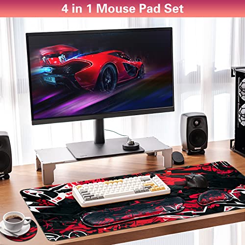 Canjoy Gaming Mouse Pad Set, 4-in-1 XXL Large Mouse Pad + Keyboard Wrist Rest Support+ Coaster, (35.4×15.7 in) Extended Desk Pad Memory Foam Non-Slip Desk Mat for Home Office - color: Black Red