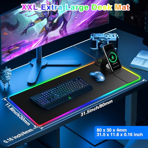XXL RGB LED Gaming Mouse Pad with Magnetic Wireless Charging & Foldable Phone Holder, 31.5"x11.8" Extended Ultra-Smooth Desk Pad, 25 Lighting Effects, Non-Slip Base - color: RGB-31.5"x11.8"-Magnetic Stand-Right