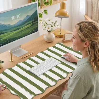 Copkim 1 Pcs Green Scalloped Striped Desk Mat 31.5 x 11.8 Inch Large Cute Mouse Pad Computer Mat Non Slip Waterproof Rubber Base with Border Stitching Soft Keyboard Pad for Home Office Gaming Makeup - color: Green, style: Strip