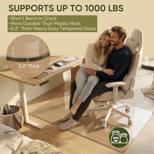 Tempered Glass Chair Mat for Hardwood Floor, 36" x 55" Heavy Duty Glass Office Chair Mat, for Low Pile Carpet, 0.2" Thick with 4 Non-Slip Pads, Smooth Rolling for Home & Office - size: 36" x 55"