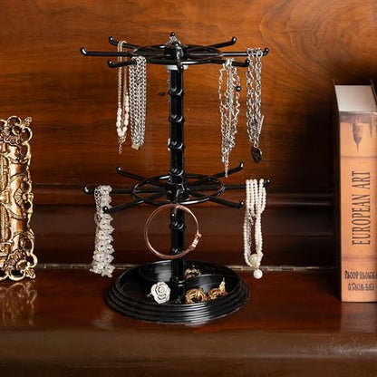 2 Tier Rotating Jewelry Display Stand, Necklace Holder, Jewelry Tree Stand, DIY Organizer for Bracelets, Necklaces, Earrings, Rings, Watches (Black) - color: Black