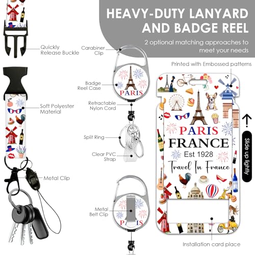 France Lanyards ID Badge, Eiffel Tower ID Badge Holder with Retractable Reel Clip and Keychain, Heavy Duty Vertical Identity Badge Cover Case Protector for Teacher Nurse - color: France-white