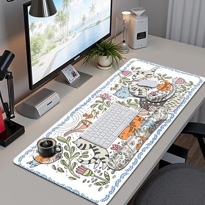 Cute Desk Mat, 4in1 Large Mouse Pad with Wrist Rest, Desk Matt for Desktop, Desk Pad Mat, Anti-Slip XXL Computer Ergonomic Mousepad with Wrist Support for Keyboard and Mouse I Funny Cat Animals - color: Funny Cat Animals