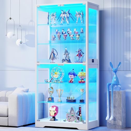 BROTTAR 6-Tier 71" Display Cabinet with Glass Door, Curio Cabinet with 3 Color Lights for Collectibles, Display Case with Adjustable Glass Shelves, Human Body Sensor, Storage Cabinets, White - color: White