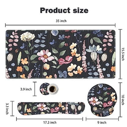 ARTSO Desk Mat, Large Gaming Mouse Pad Wrist Support Set, Ergonomic Keyboard Wrist Rest Desk Pad with Coaster Combo, Extended Mousepad with Non-Slip for Home Office, Flowers Plants - color: Flowers Plants