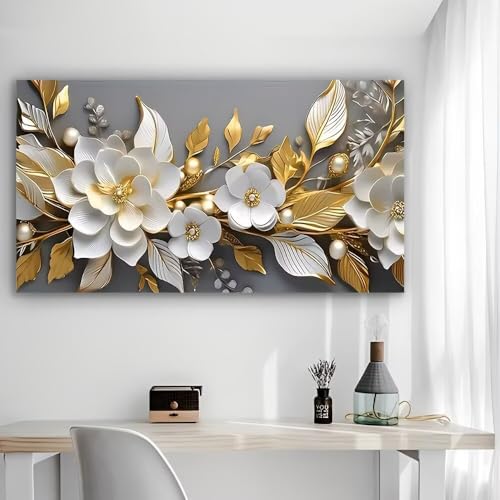 Gold Flowers White Pearls Rustic Canvas Wall Art - 12x24in Unframed Poster- Home & Office Decor for Living Room, Bedroom, Kitchen & Cafe - color: Gold Flowers