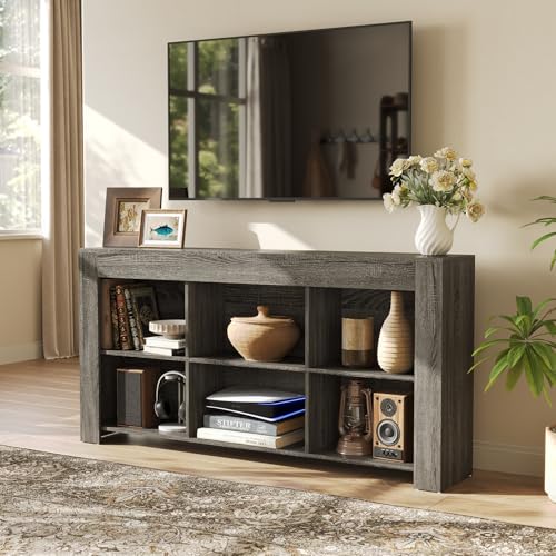 LITTLE TREE TV Stand with Storage, 63-Inch Entertainment Center with Shelves, Modern Media Console for Television up to 65" for Living Room, Bedroom, Grey + Black - color: Grey + Black