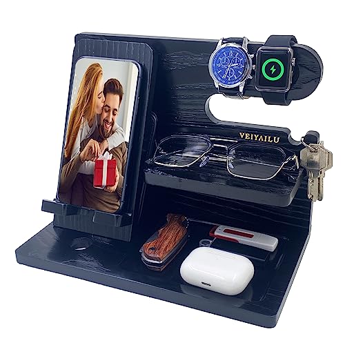 VEIYAILU Gifts for Dad Men Mom Women from Daughter Son Birthday Gifts Nightstand Organizer Mens Wood Phone Docking Station (Black) - color: black