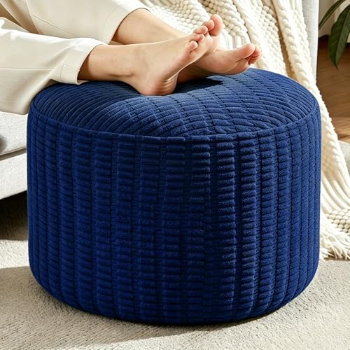 Round Corduroy Ottoman Foot Rest Pouf for Living Room Couch - Soft Plush Shredded Foam Filled Hassock Stool, Comfy Footstool for Adults (Navy - Chunky Corduroy, 20 INCH×15 INCH) - color: Navy - Chunky Corduroy, size: 20"D x 20"W x 15"H