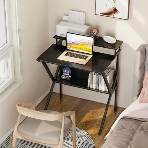 ODK Small Desk, 27.5 Inch Computer Desk for Small Spaces, Study Desk with Storage & Monitor Stand, Black - color: Black