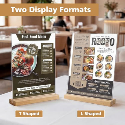 Comix 8.5x11 Acrylic Sign Holder with Wood Base 12 Pack Clear Table Display Stand Vertical or Slant Back Display for Wedding, Restaurant, Store, Office, Hotel - size: 12 Pack 8.5x11 inches (T/L)