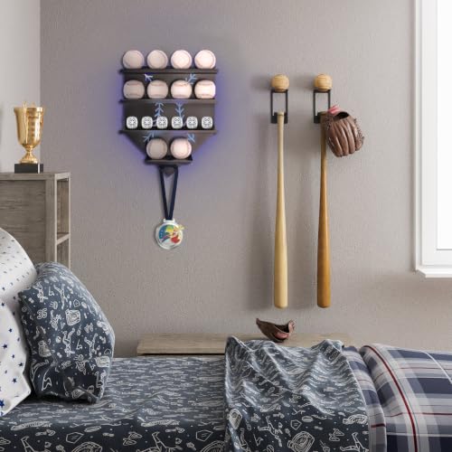 Baseball Display Shelf with LED Light, Home Plate Shaped Wood Holder, Championship Ring Wall Organizer for PSA SGC Collectibles, Ball Hanging Frame Gift for Boys Son