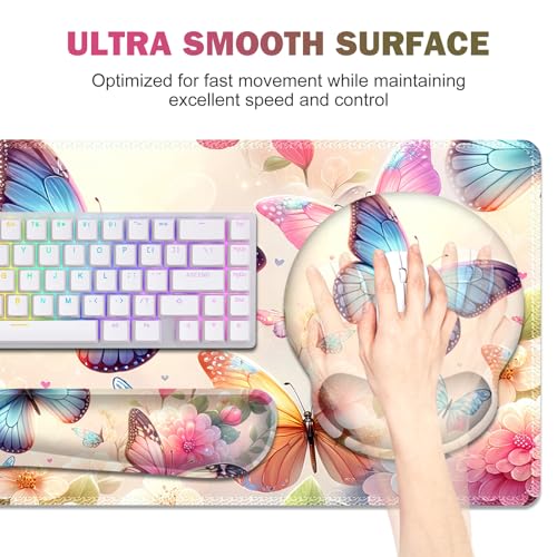 Gaming Mouse Pad, Large Desk Mat, Cute Desk Pad Protector, 4in1 XXL Mousepad + Keyboard Wrist Rest+Mouse Wrist Rest+Coaster Set with Ergonomic Desk Pad for Home Office PC Computer, Butterflies Flowers - color: Butterflies Flowers
