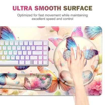 Gaming Mouse Pad, Large Desk Mat, Cute Desk Pad Protector, 4in1 XXL Mousepad + Keyboard Wrist Rest+Mouse Wrist Rest+Coaster Set with Ergonomic Desk Pad for Home Office PC Computer, Butterflies Flowers - color: Butterflies Flowers