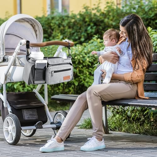 Momcozy Universal Stroller Organizer with Insulated Cup Holder Detachable Phone Bag & Shoulder Strap, Fits for Stroller Like Uppababy, Baby Jogger, Britax, BOB, Umbrella and Pet Stroller - color: Grey