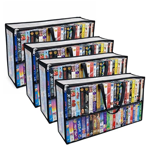 Evelots 4 Pack-VHS Movie Tape Storage Bag/Case, Clear PVC Plastic-Holds 200 Total, Strong Handles-No Dirt/Moisture/Dust - size: 4-Pack (Holds 200), style: Vhs Storage Bag