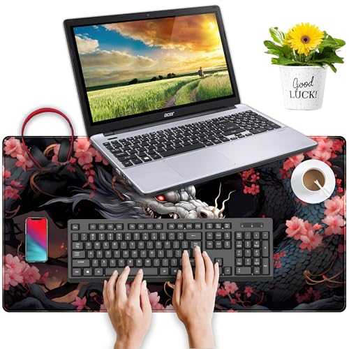 Cute Sakura Dragon Gaming Mouse Pad Kawaii XXL Large Extended Anime Desk Mat, Non-Slip Rubber Base Mousepad, Office Decor Desk Pad, Cool Keyboard and Mouse Mat with Stitched Edges, 31.5x15.75 in - color: Red Sakura Dragon