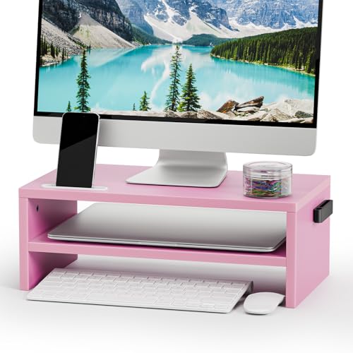 Marbrasse Monitor Stand Riser, 16.5 Inch 2 Tier Computer Printer Shelf Stand for Laptop Computer Screen Storage, Desktop Stand with Phone Holder and Cable Management (Pink) - color: Pink
