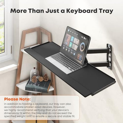 PUTORSEN Wall Mount Keyboard Tray with Adjustable Arm - Ergonomic Swivel & Tilt, Universal Keyboard and Mouse Tray for Home Office, Gaming & Streaming, 7.6"x25.8" Platform, Holds up to 19.8 lbs