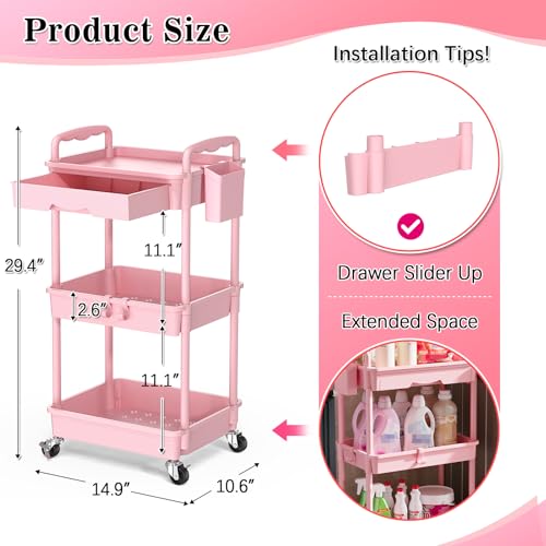 SUNALLY 3 Tier Rolling Cart with Drawer, Bathroom Storage Organizer with 2 Lockable Wheels, Multifunctional Rolling Storage Cart for Bathroom, Kitchen, Office, Craft, Makeup, Baby Essentials, Pink - color: Pink, size: 3 Tier