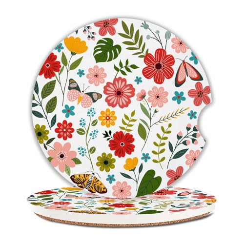 Flowers Car Coasters Set of 2 for Cup Holder 2.63" Absorbent Ceramic Cup Coaster Non-Slip Cork Base Drink Coasters with Finger Notch Car Accessories Interior for Women Men - color: Retro Flowers