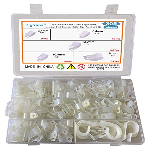 Bigtrans 305 Pcs Nylon Plastic R-Type Wire Clips 1/4" 5/16" 3/8" 1/2" 3/4" Clamps Fasteners Assortment for Cable Conduit -5 Size -White - color: White, size: 305 Pack Clips Only